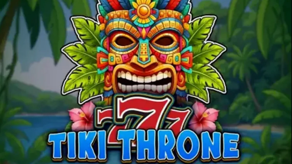 Tampilan visual mesin slot 777 Tiki Throne dengan latar belakang pulau tropis