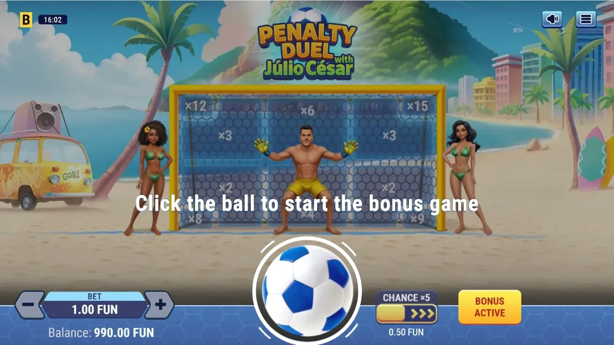 Tampilan antarmuka permainan Penalty Duel dengan Júlio César di stadion sepak bola